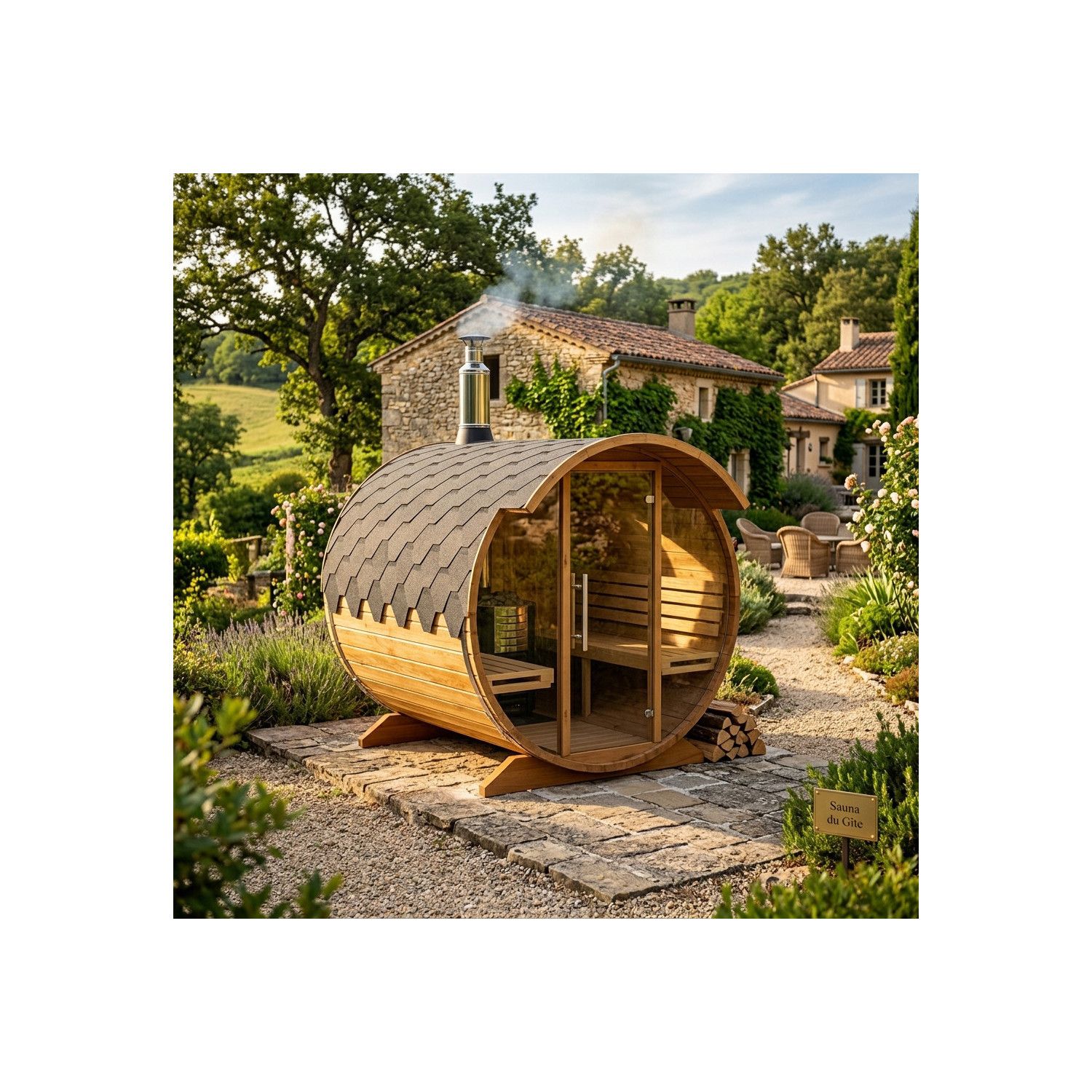 Sauna extérieur tonneau ORBI 4 personnes - 200 x 200 x 210 cm - Chauffage : Poêle à bois