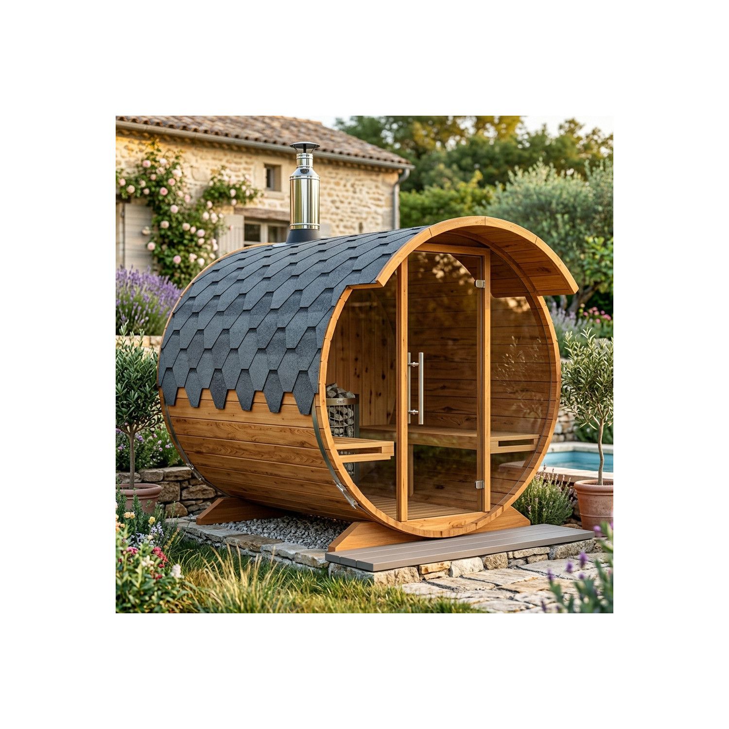 Sauna extérieur tonneau ORBI 4 personnes - 200 x 200 x 210 cm - Chauffage : Poêle à bois
