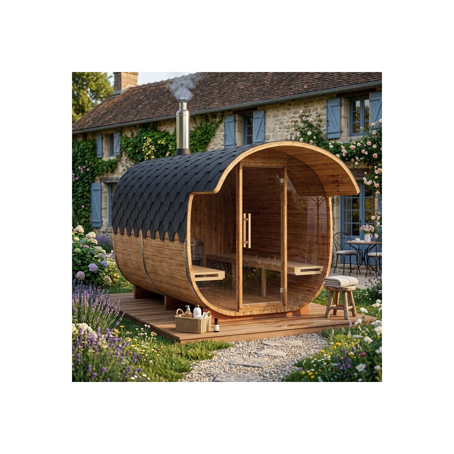 Sauna extérieur nordique KAMI 6 personnes - 300 x 220 x 230 cm - Chauffage : Poêle à bois