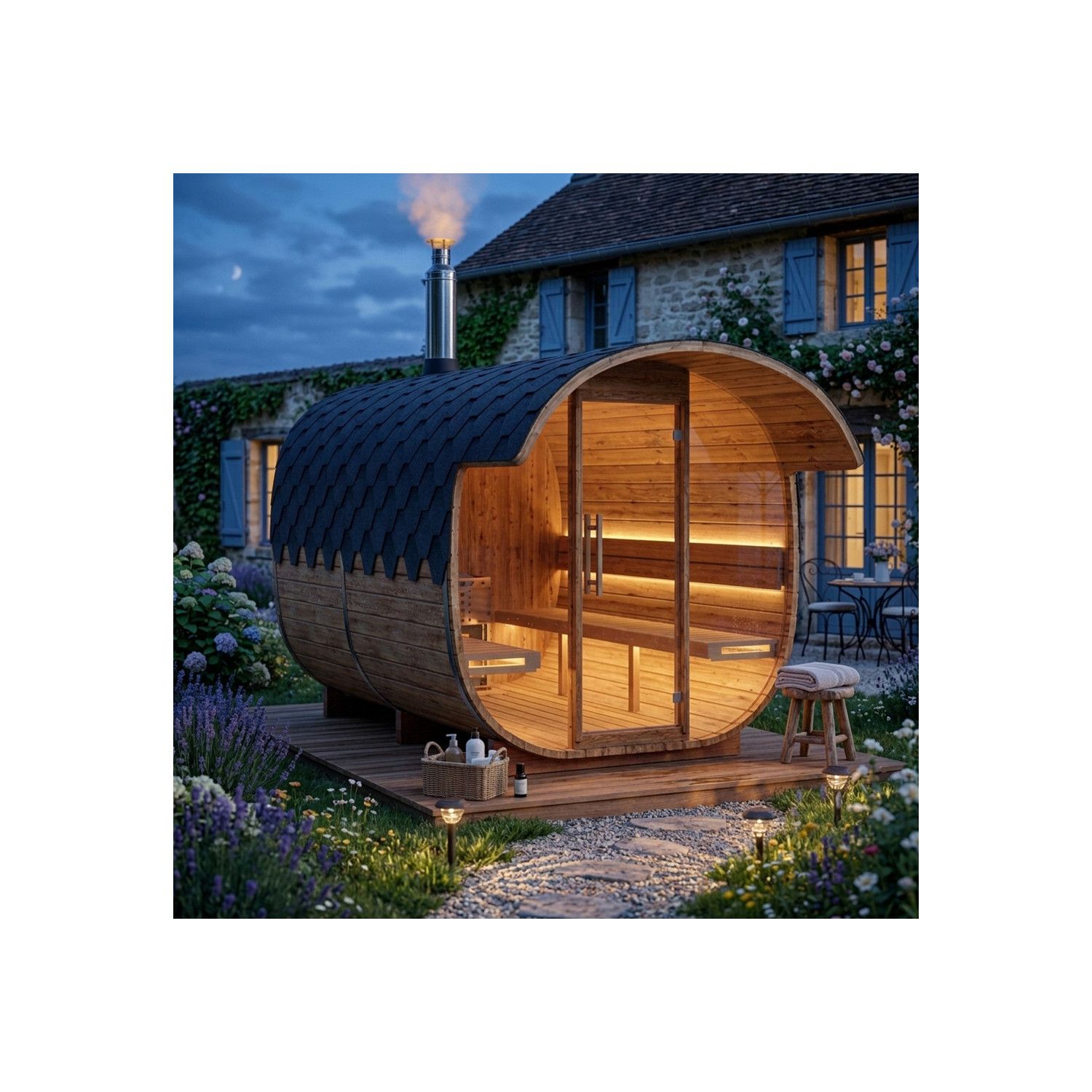 Sauna extérieur nordique KAMI 6 personnes - 300 x 220 x 230 cm - Chauffage : Poêle à bois
